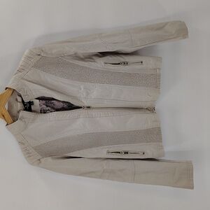 LA Coalition Moto Jacket Size XL Beige Zip Up Textured Gold Hardware Long Sleeve